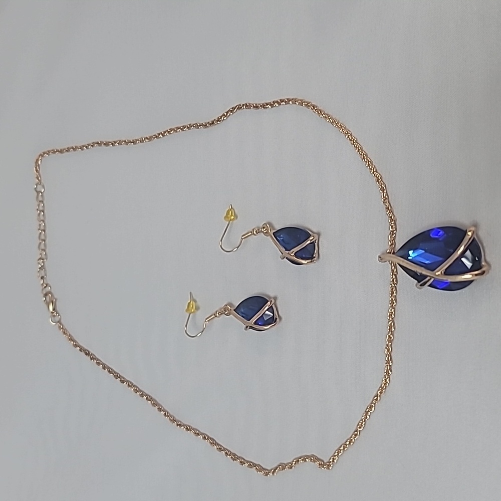 Fashion Blue Teardrop Pendant Necklace & Earring Set - Alloy & Titanium Steel - Picture 13 of 13
